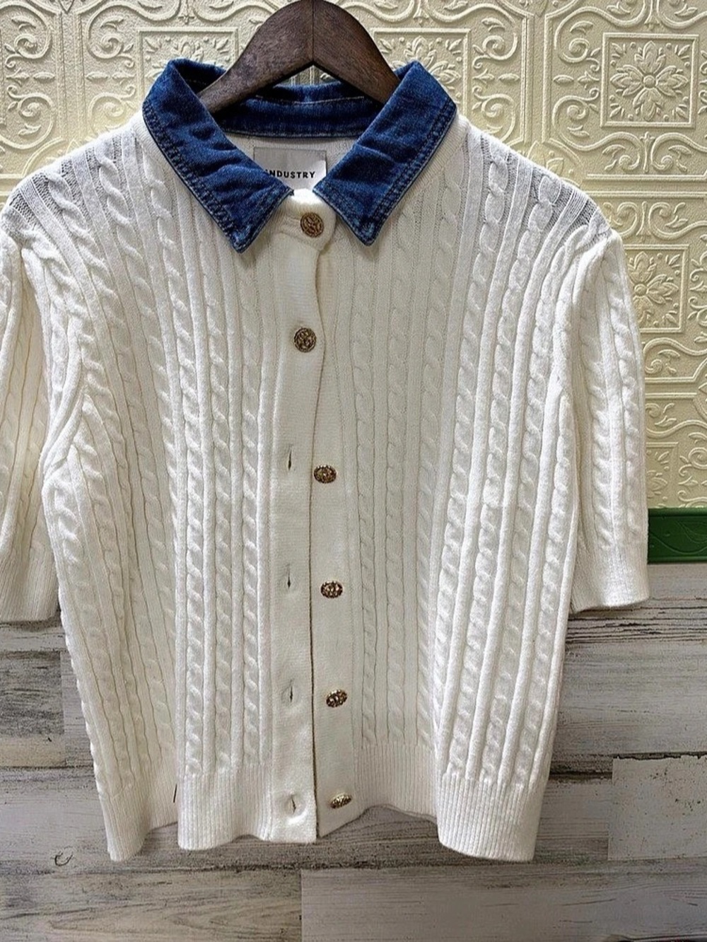 INDUSTRY Cable-Knit Cardigan White & Blue Size XL